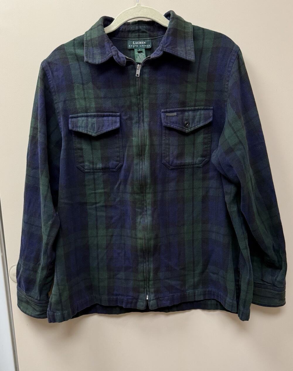 Lauren Ralph Lauren Green Plaid 100% Cotton Zip Up Shirt Jacket LG